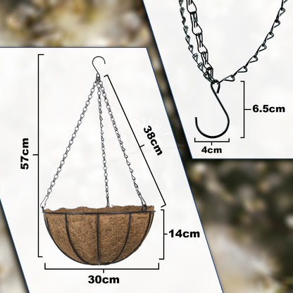 Woodside 30cm Hanging Basket with Coco Liner – 4 Pack Durable Powder Coated Steel Garden Flower Planters