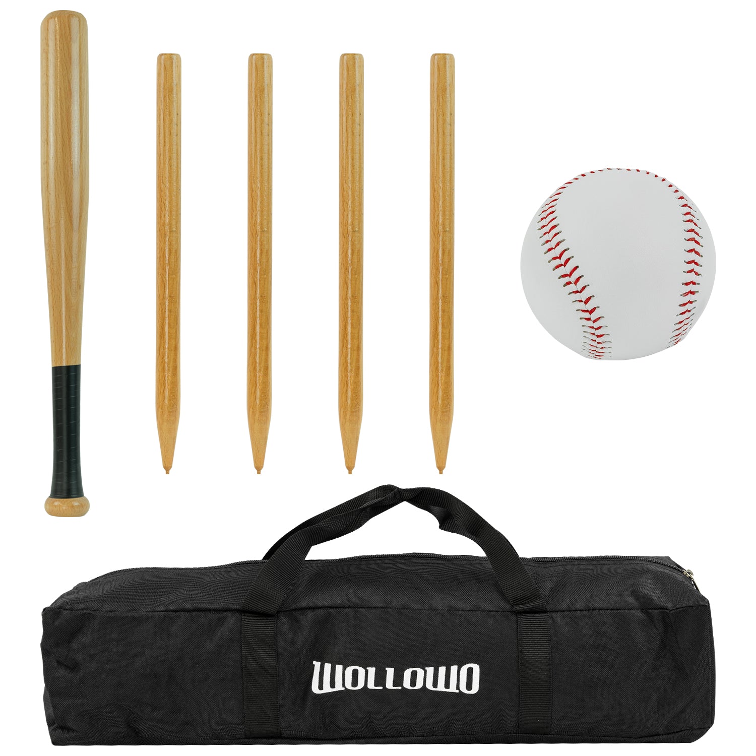 Wollowo Outdoor Wooden Rounders Game Set Bat Ball Base Posts/Stumps