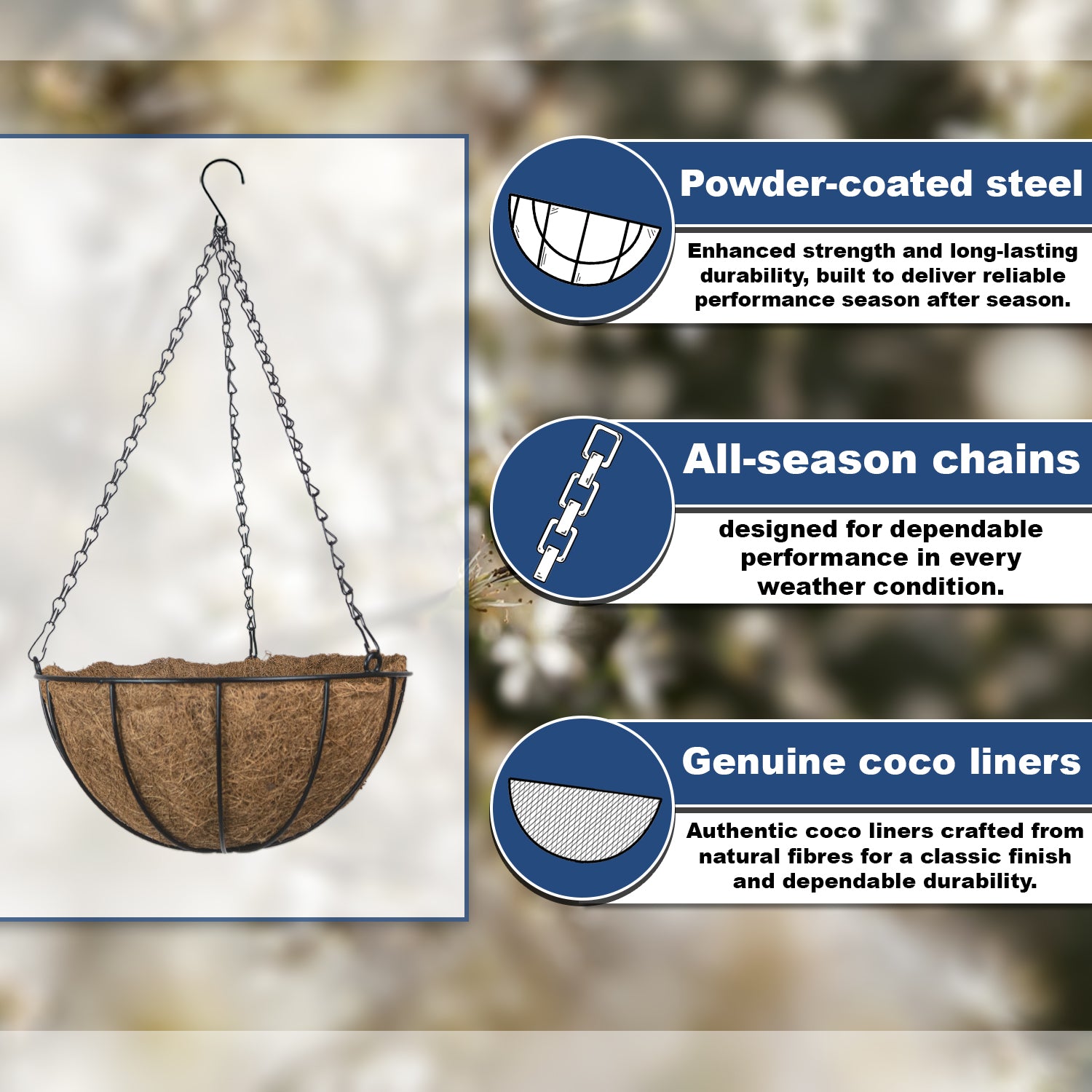 Woodside 30cm Hanging Basket with Coco Liner – 4 Pack Durable Powder Coated Steel Garden Flower Planters