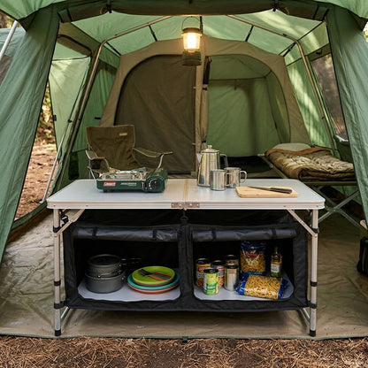 Andes 4ft Folding Camping Table & Storage Cabinet – Portable Outdoor Kitchen Unit with Adjustable Height and Twin Storage Cupboards
