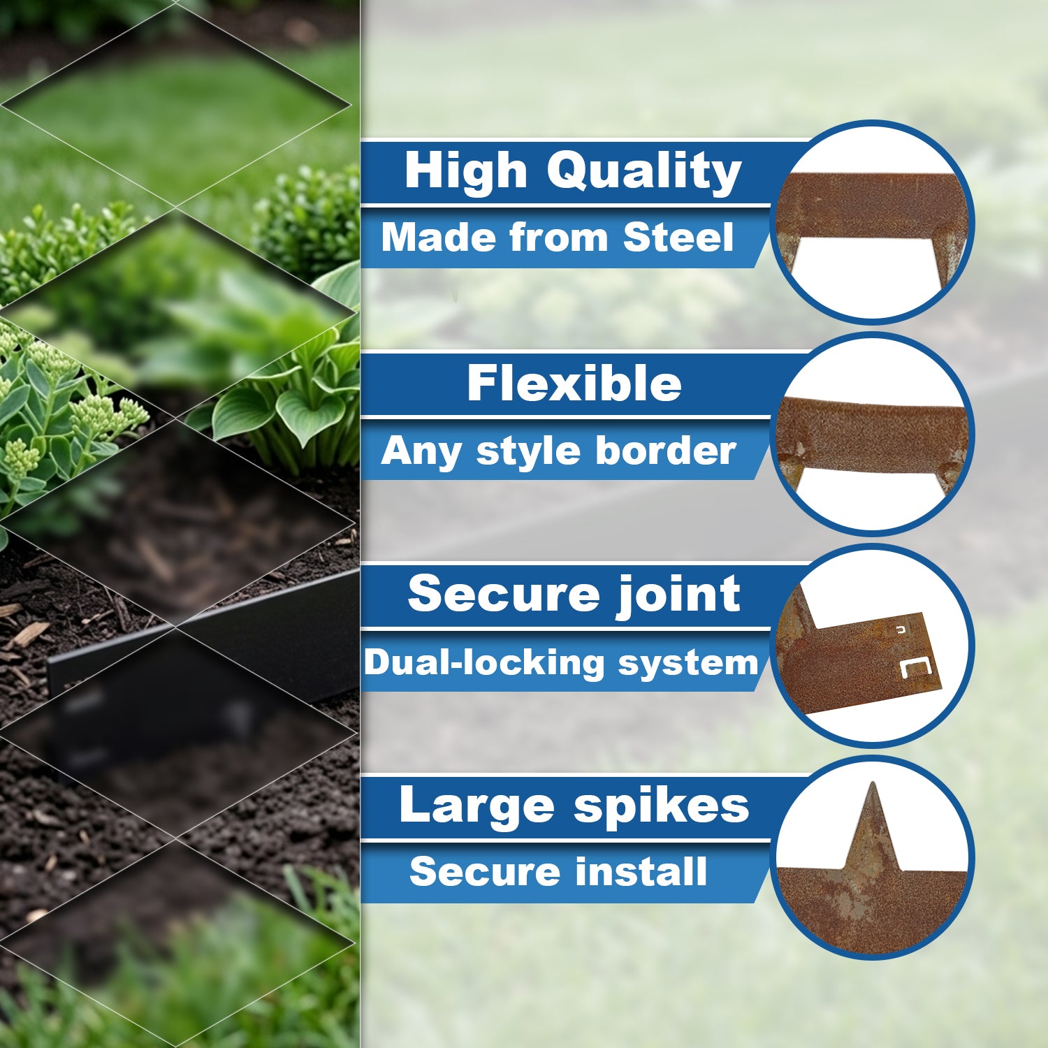 Woodside 5m Steel Lawn Border Edging - Set Rust Finish – Flexible Rustic Garden Border with Spikes