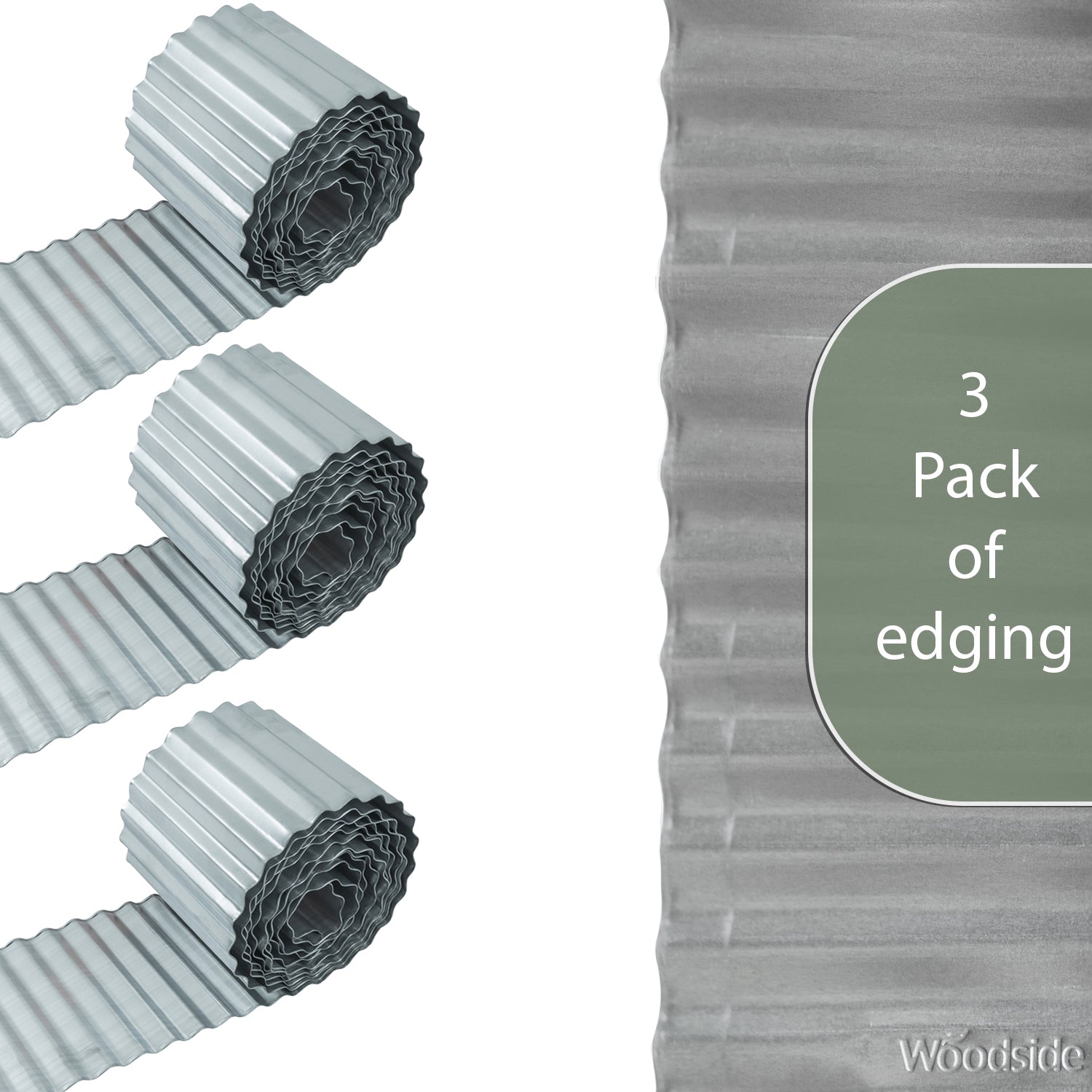 Woodside Galvanised Steel Lawn/Path Border Edging Flexible Fence Rolls - 3 Pack - 15m Total Length
