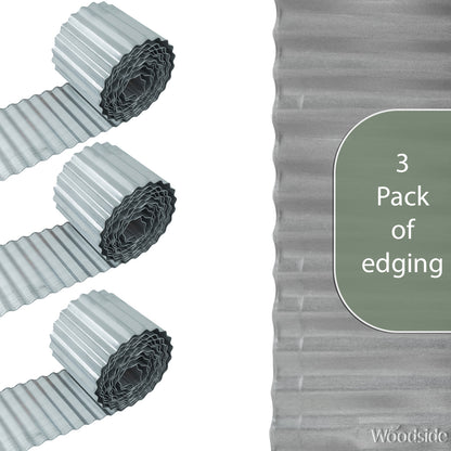 Woodside Galvanised Steel Lawn/Path Border Edging Flexible Fence Rolls - 3 Pack - 15m Total Length