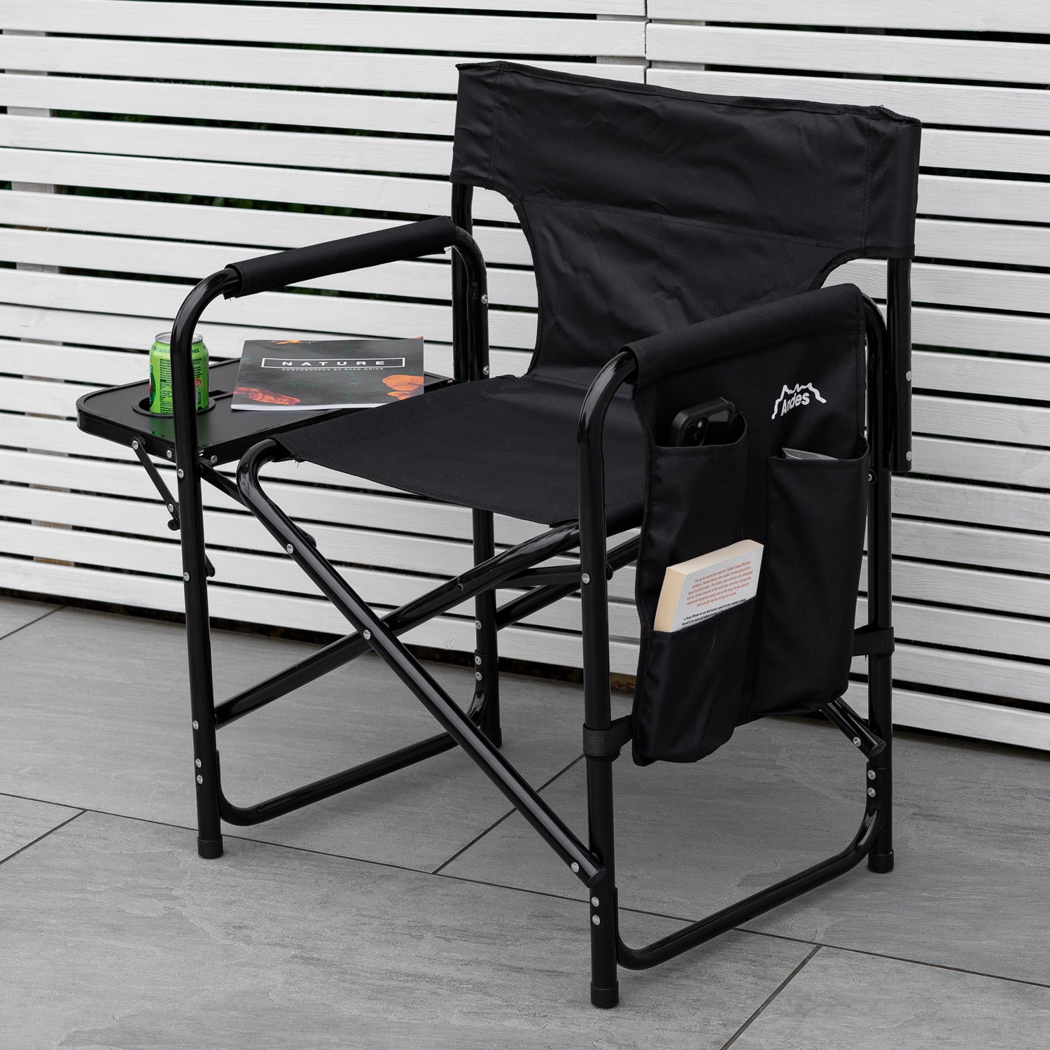 Andes Folding Camping Garden Chair, Aluminium Fishing Directors Chair with Side Table x 2