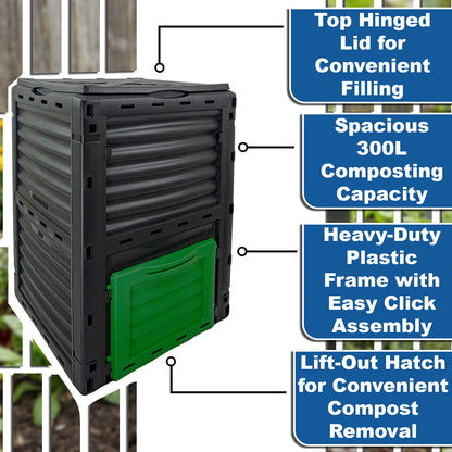 Woodside 300L Garden Composter – Heavy Duty Plastic Compost Bin with Ventilation & Easy Access Door