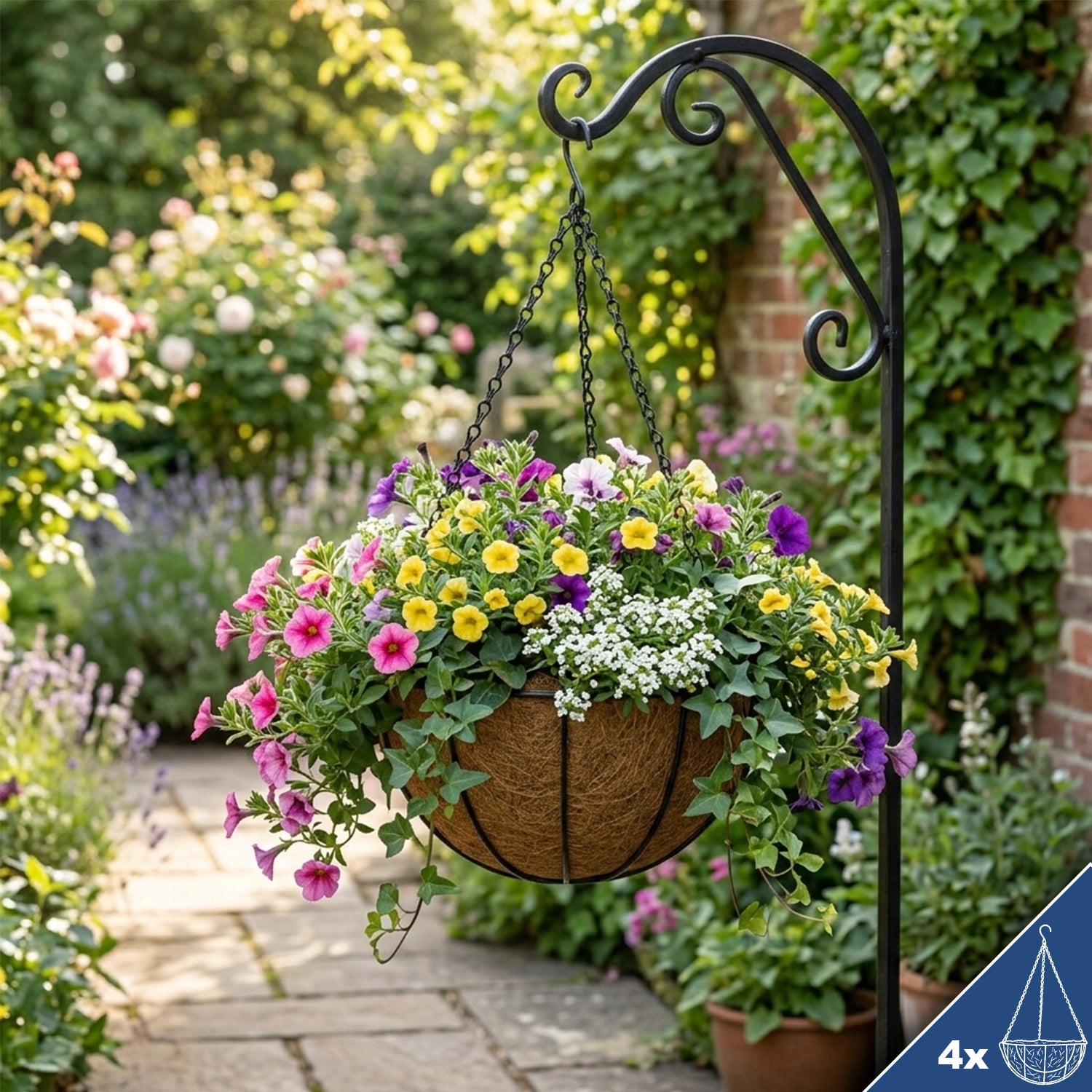 Woodside 30cm Hanging Basket with Coco Liner – 4 Pack Durable Powder Coated Steel Garden Flower Planters