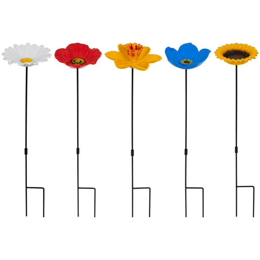 Five colorful flower-shaped garden stakes on a white background