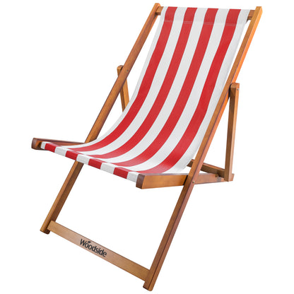 Woodside Traditional Folding Beach/Garden Wooden Deck Chair Seaside Lounger Red & White x 2