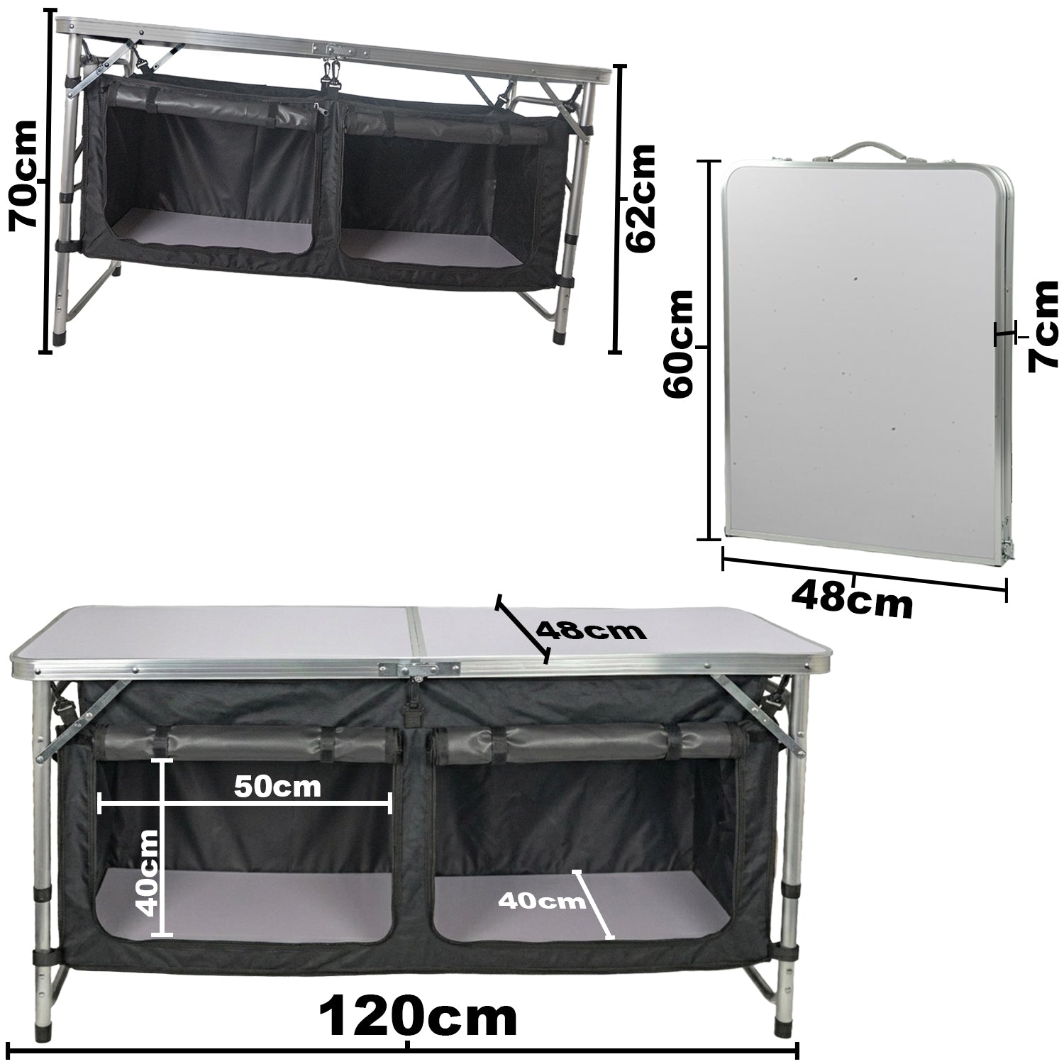 Andes 4ft Folding Camping Table & Storage Cabinet – Portable Outdoor Kitchen Unit with Adjustable Height and Twin Storage Cupboards