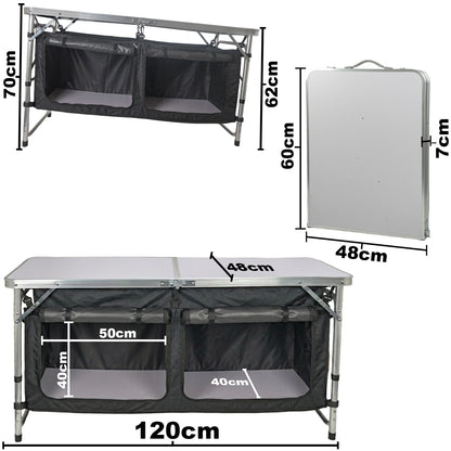 Andes 4ft Folding Camping Table & Storage Cabinet – Portable Outdoor Kitchen Unit with Adjustable Height and Twin Storage Cupboards