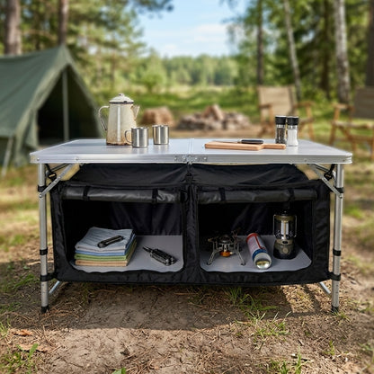 Andes 4ft Folding Camping Table & Storage Cabinet – Portable Outdoor Kitchen Unit with Adjustable Height and Twin Storage Cupboards