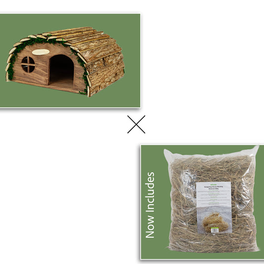 Woodside Hedgehog House & Nesting Material Kit – Wooden Garden Hedgehog Home with Natural Straw Bedding