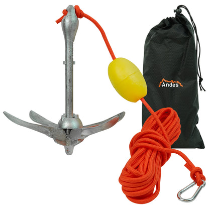 Andes 3.3lb 1.5kg Steel Grapple Anchor Kit for Small Boat/kayak/Canoe, 10m Rope