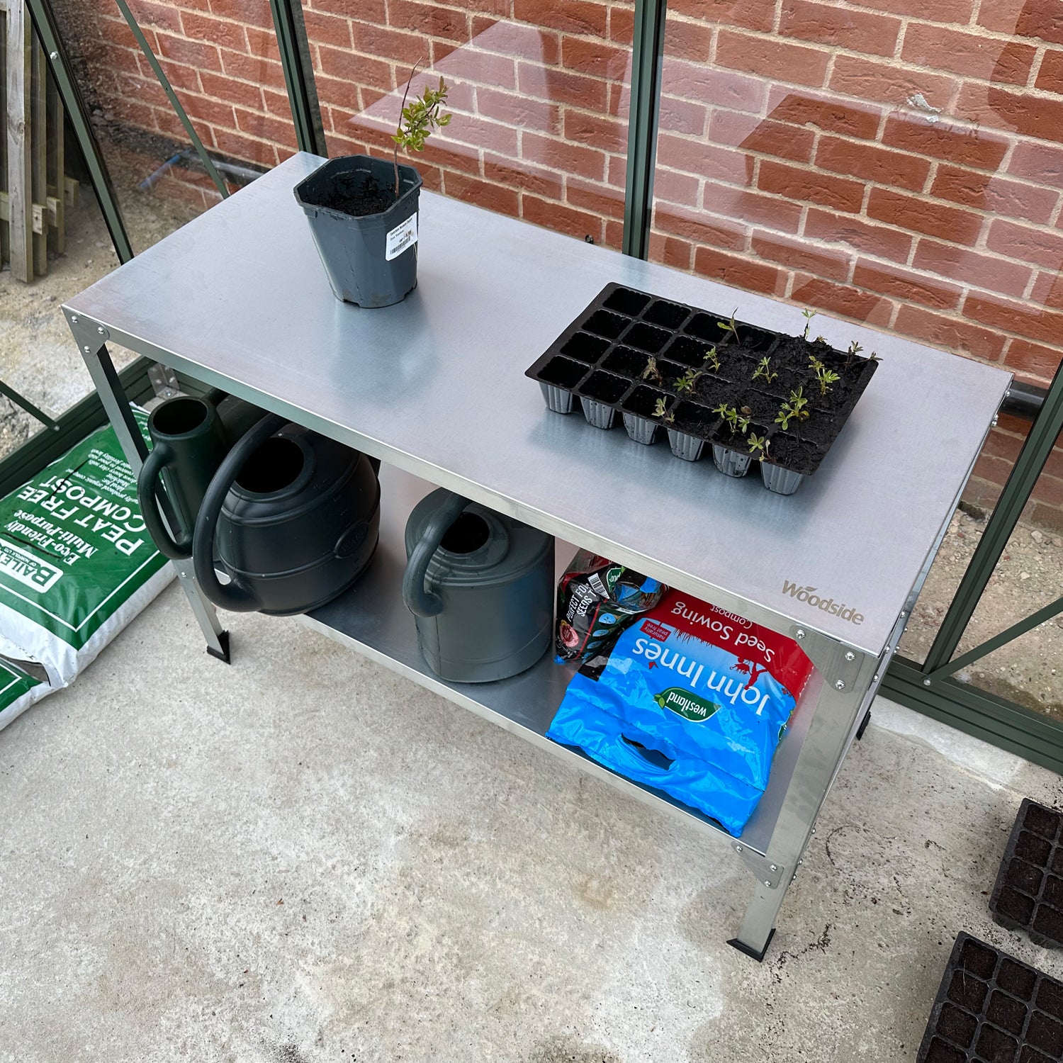 Woodside 2 Tier Galvanised Steel Greenhouse Potting/Work Bench, Planting Shelves