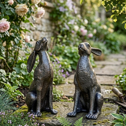 Woodside Large Pair of Moon Gazing Hares Garden Ornament Bronze Effect Resin Decorative Sculpture 38cm