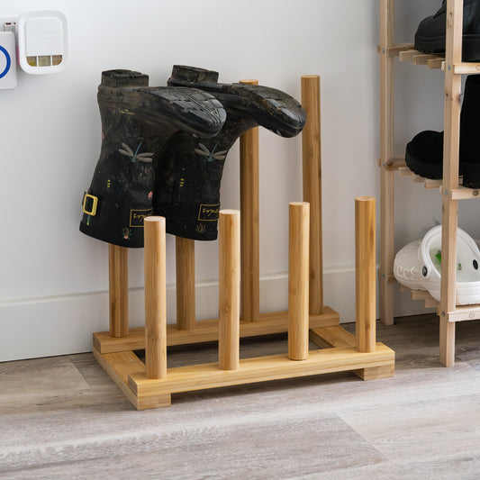 Woodside Bamboo Wellington Boot Rack, 4 Pairs Walking Boot Storage Stand