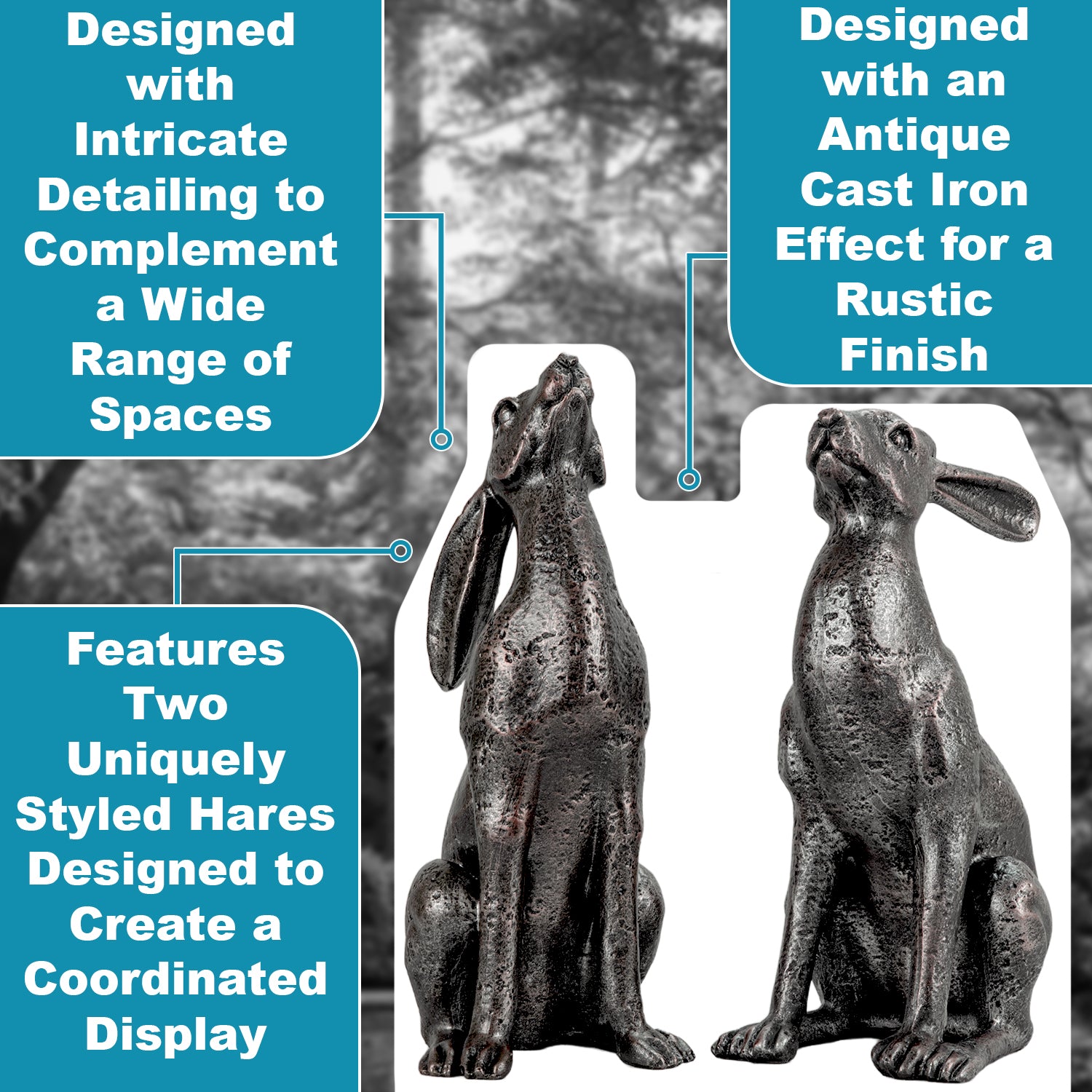 Woodside Large Pair of Moon Gazing Hares Garden Ornament Bronze Effect Resin Decorative Sculpture 38cm