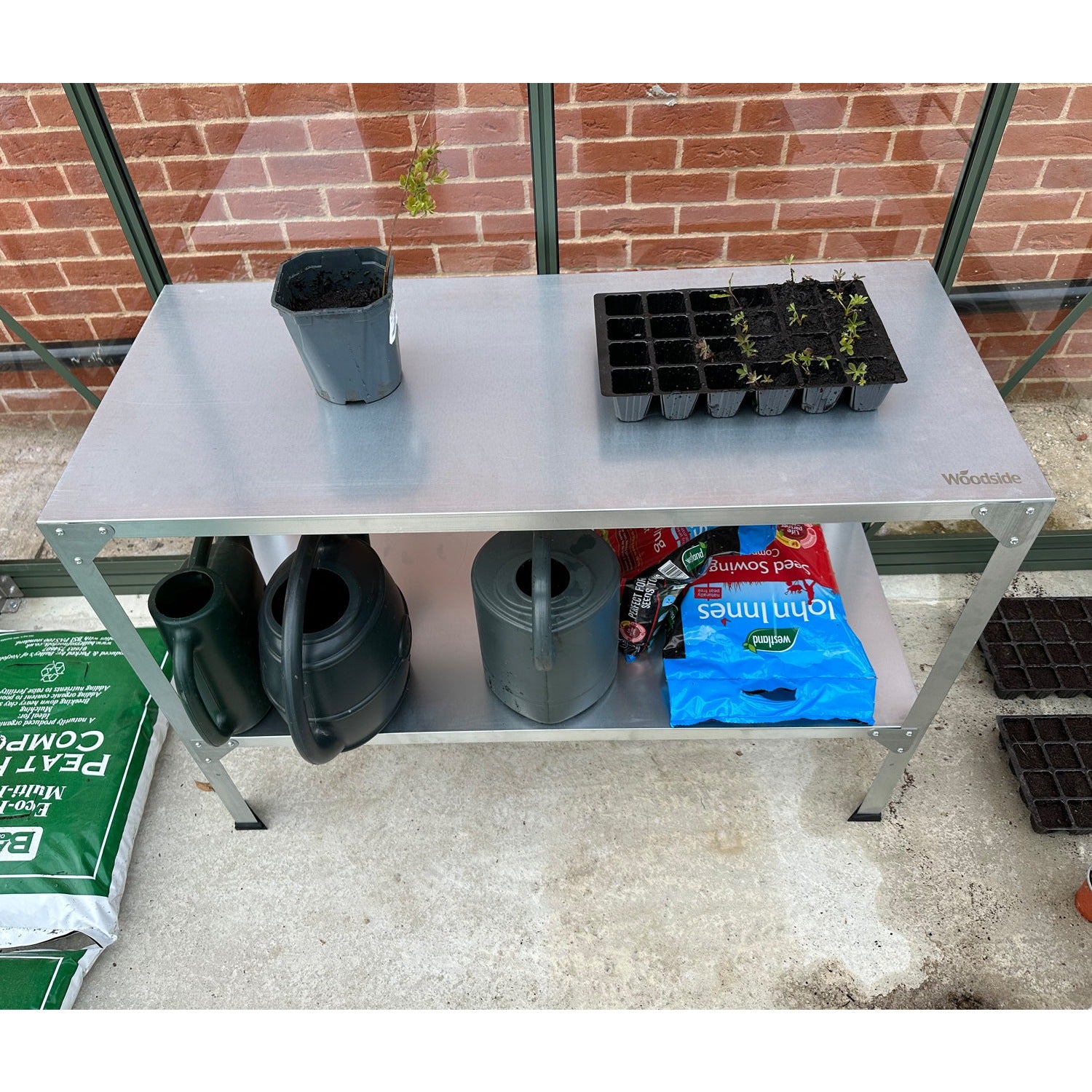 Woodside 2 Tier Galvanised Steel Greenhouse Potting/Work Bench, Planting Shelves