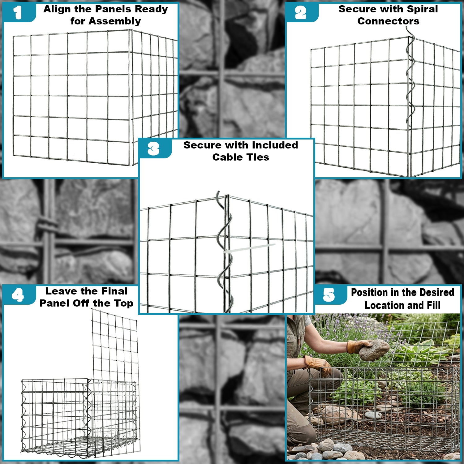 Woodside Gabion Basket Pack of 2 Heavy Duty Garden Mesh Wire Cages 30 x 30 x 60cm Galvanised Steel