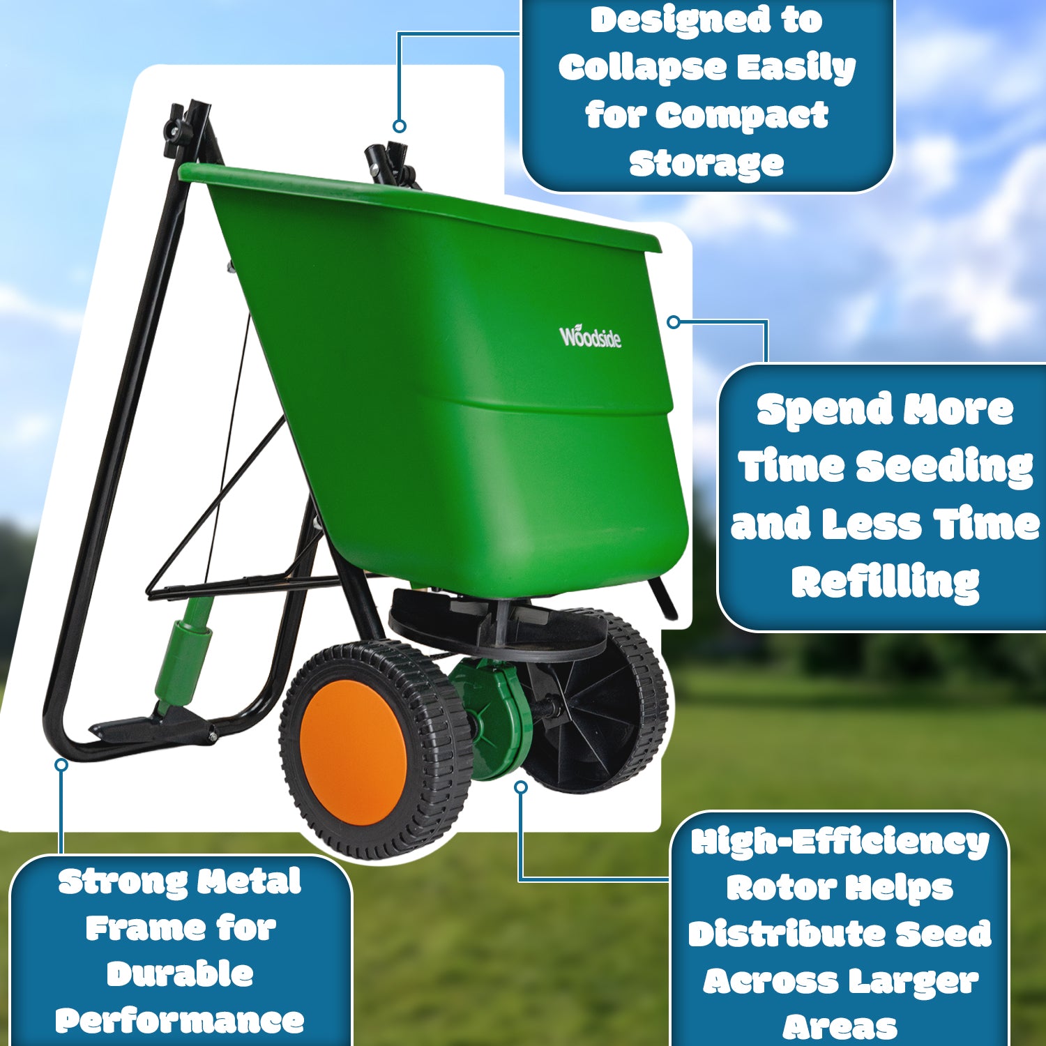 Woodside 12L Large Capacity Lawn Seed & Fertiliser Drop Spreader with Adjustable Spread Settings and All-Terrain Wheels