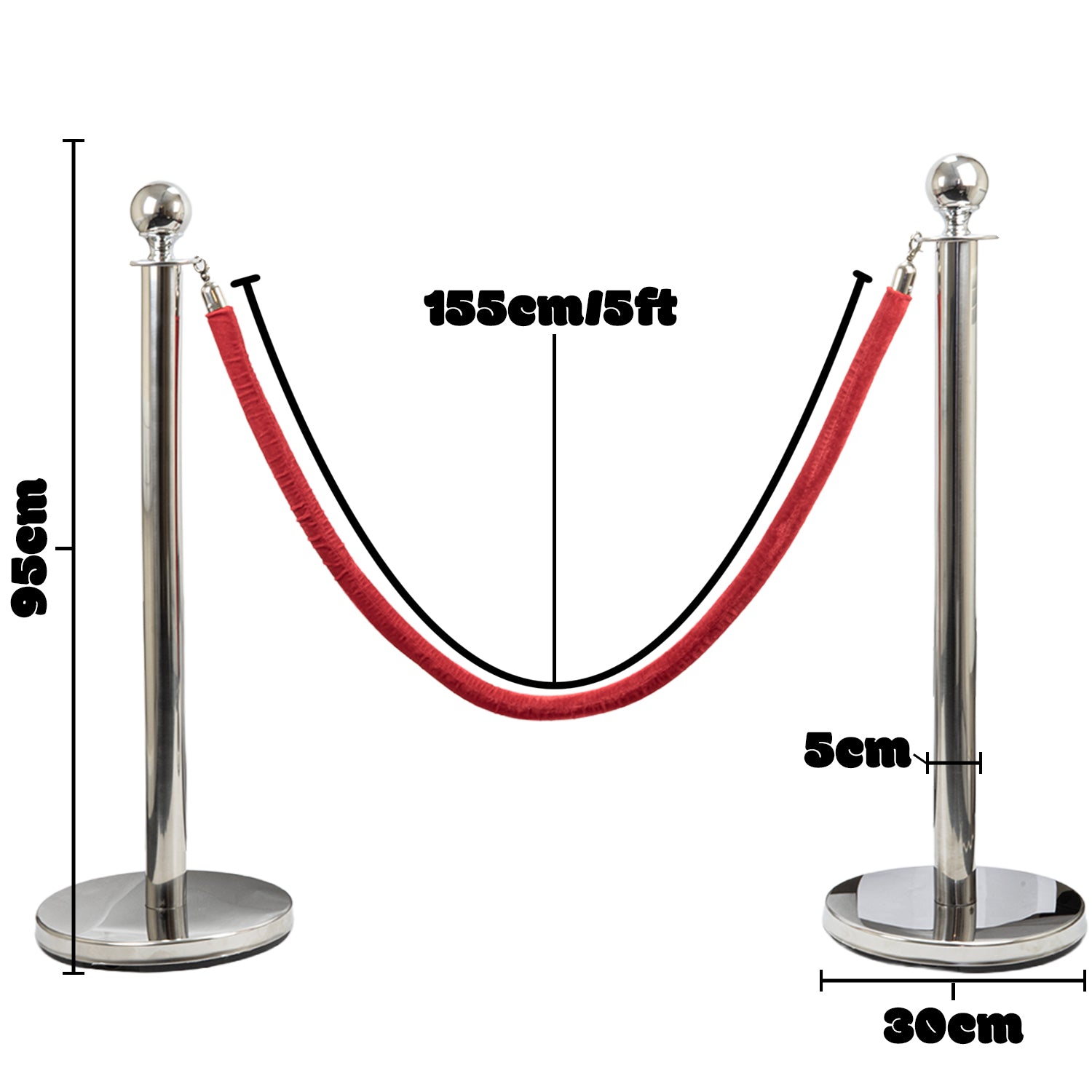 Hausen Silver Crowd Control Barrier System 4 Pack – Queue Management Posts with 3 Ropes - 4.5m Total Length