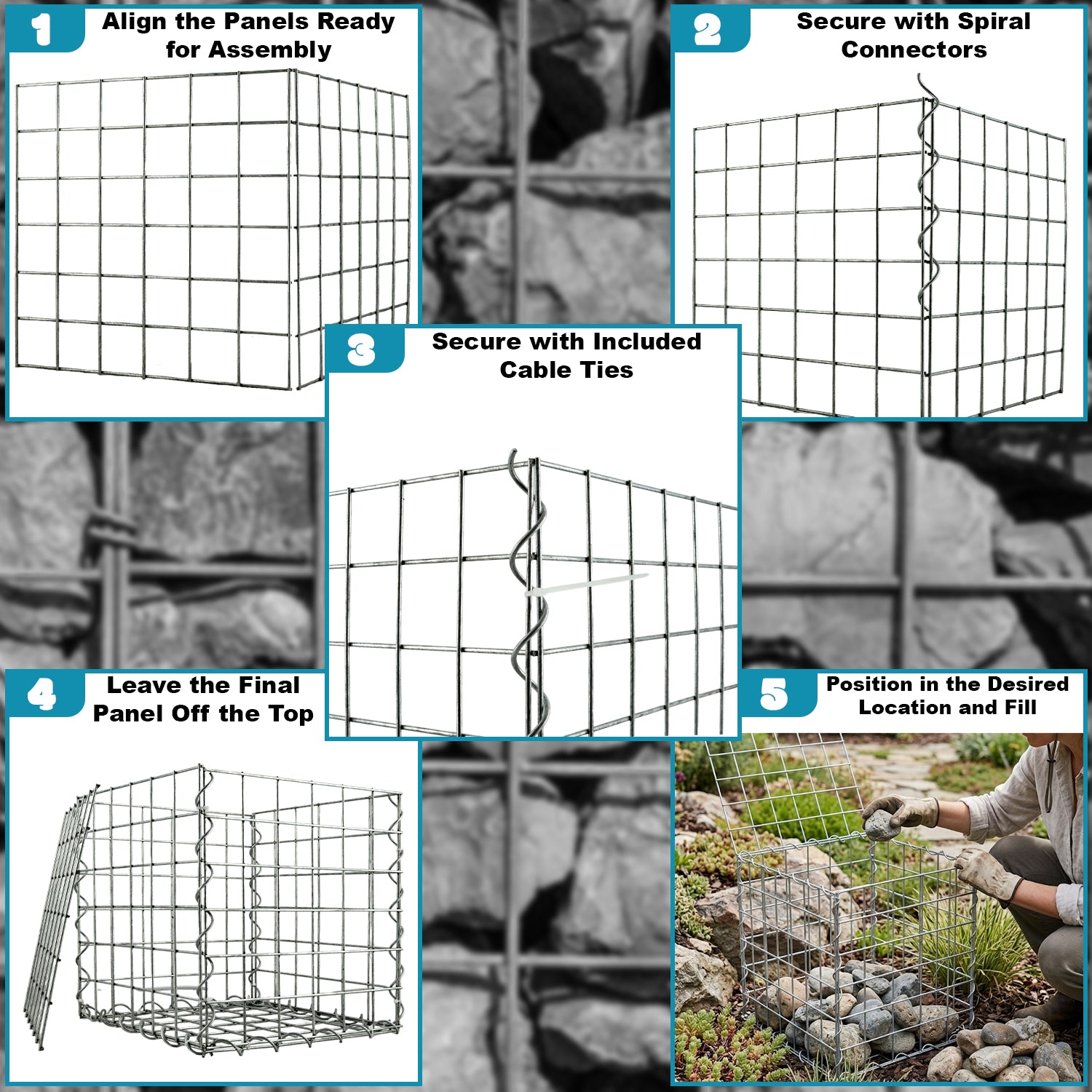Woodside Gabion Basket Pack of 2 Heavy Duty Garden Mesh Wire Cages 45 x 45 x 45cm Galvanised Steel