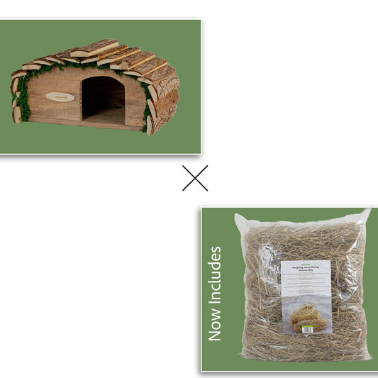 Wooden Hedgehog House with Bark Roof & Natural Straw Nesting Material – Complete Garden Wildlife Kit