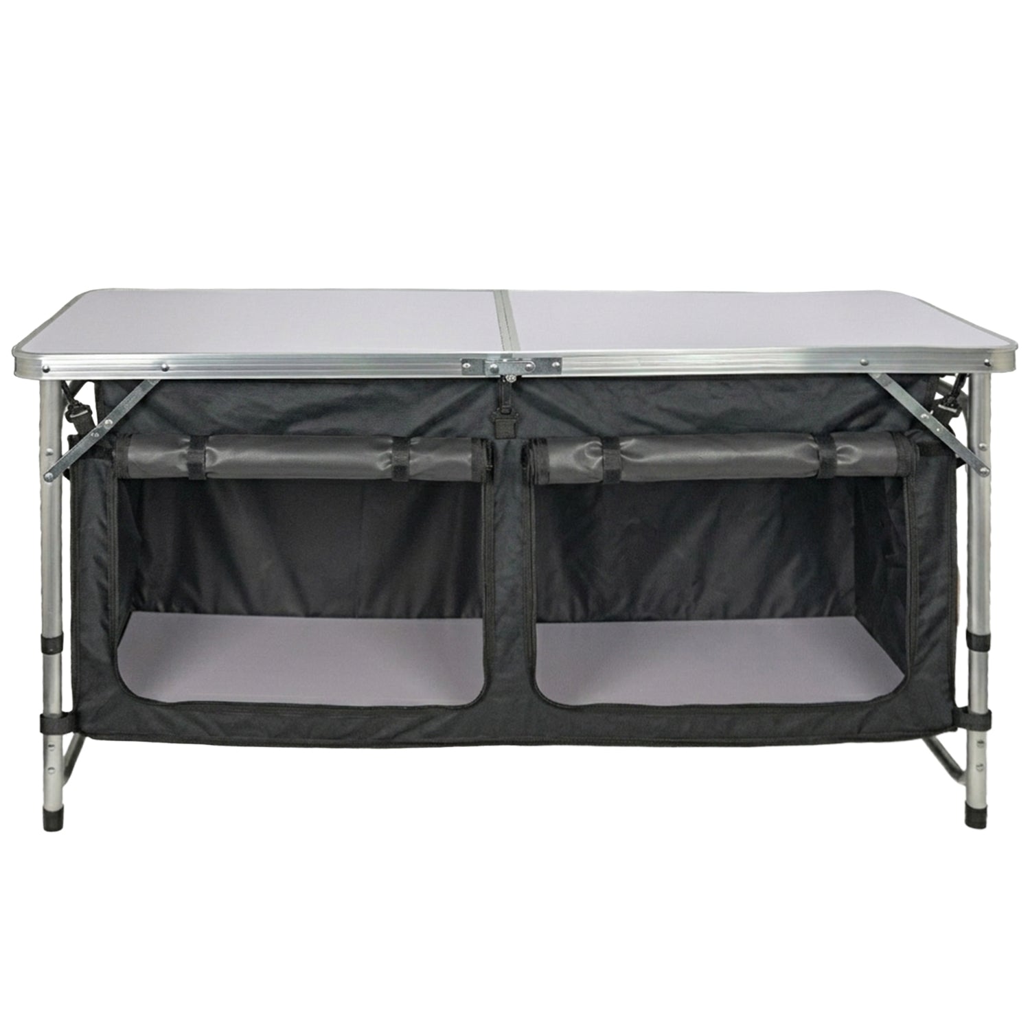 Andes 4ft Folding Camping Table & Storage Cabinet – Portable Outdoor Kitchen Unit with Adjustable Height and Twin Storage Cupboards