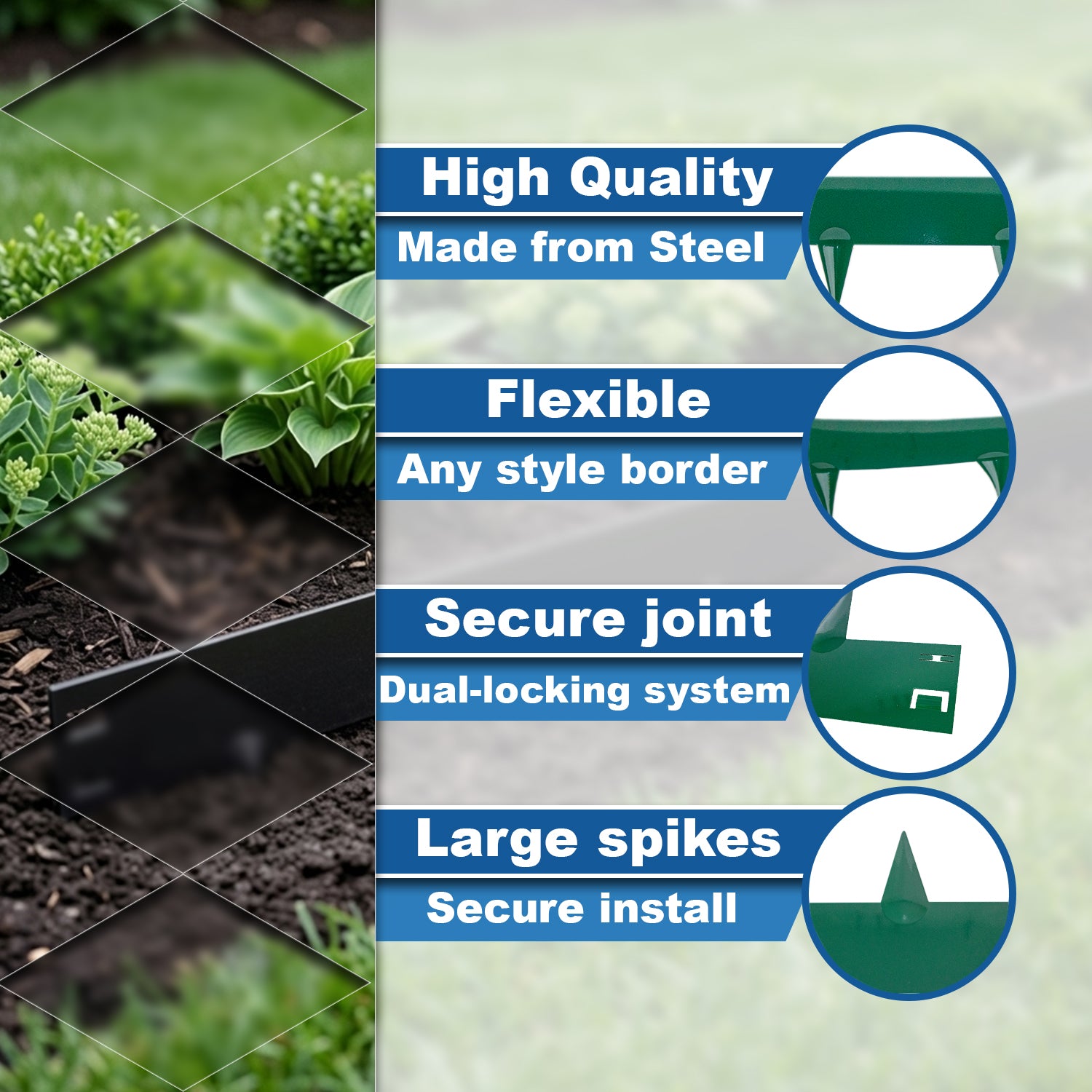 Woodside 5m Steel Lawn Border Edging Set Green – Flexible Powder Coated Garden Border with Spikes
