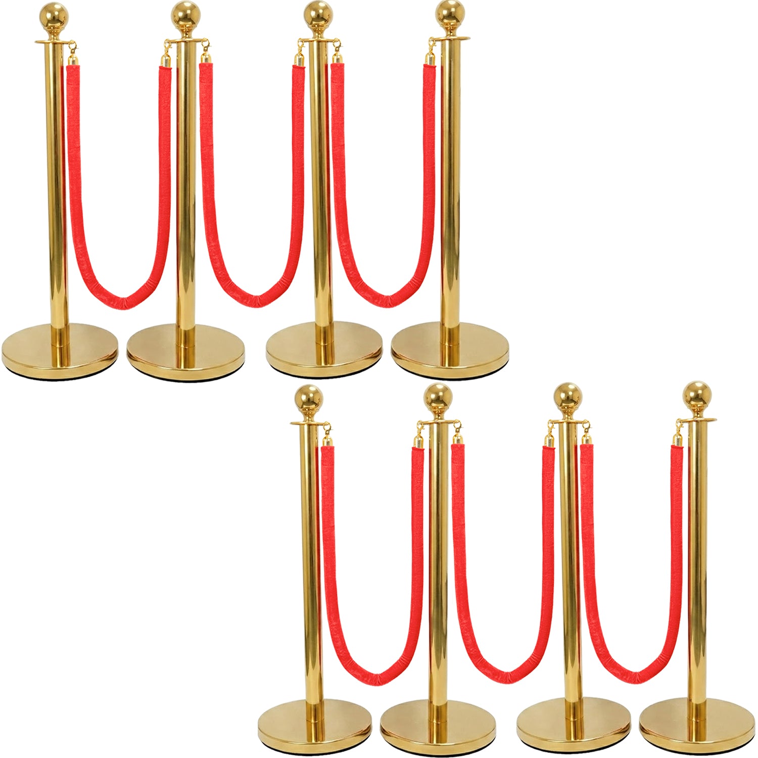 Hausen Gold Crowd Control Barrier System 8 Pack – Queue Management Posts with 6 Ropes - 9m Total Length