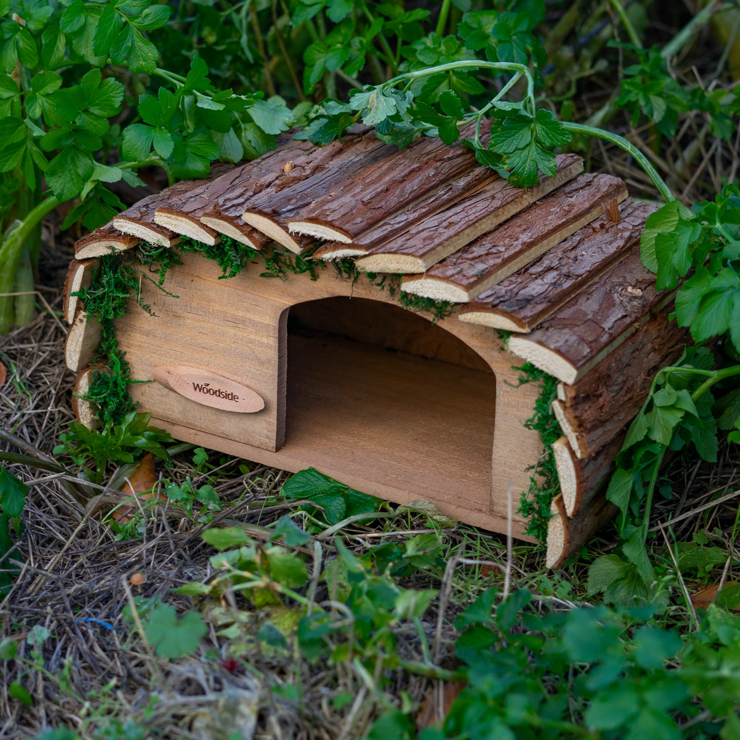 Woodside Hedgehog House & Hibernation Shelter with Bark Roof, Predator Proof Outdoor Habitat