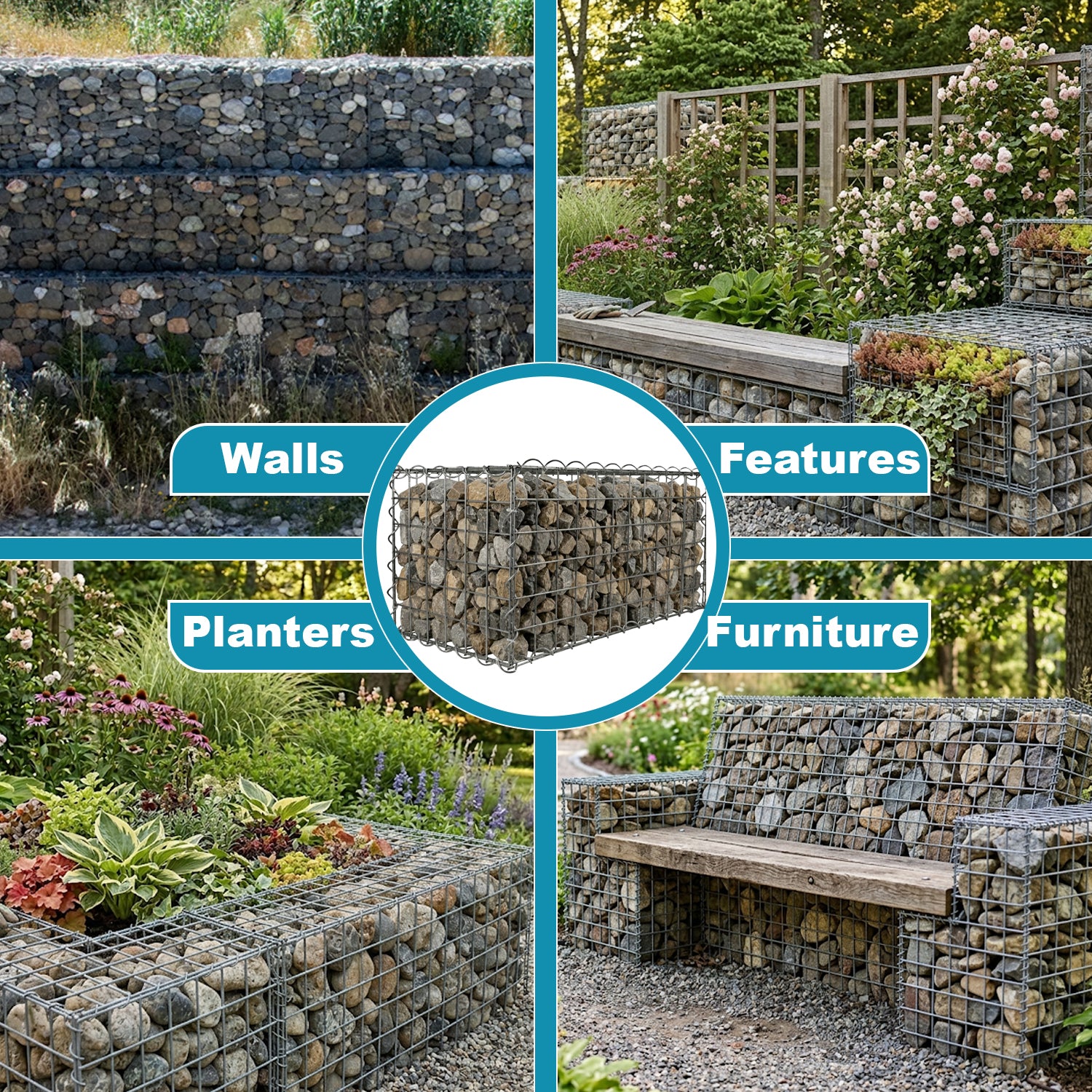 Woodside Gabion Basket Pack of 6 Heavy Duty Garden Mesh Wire Cages 30 x 30 x 60cm Galvanised Steel