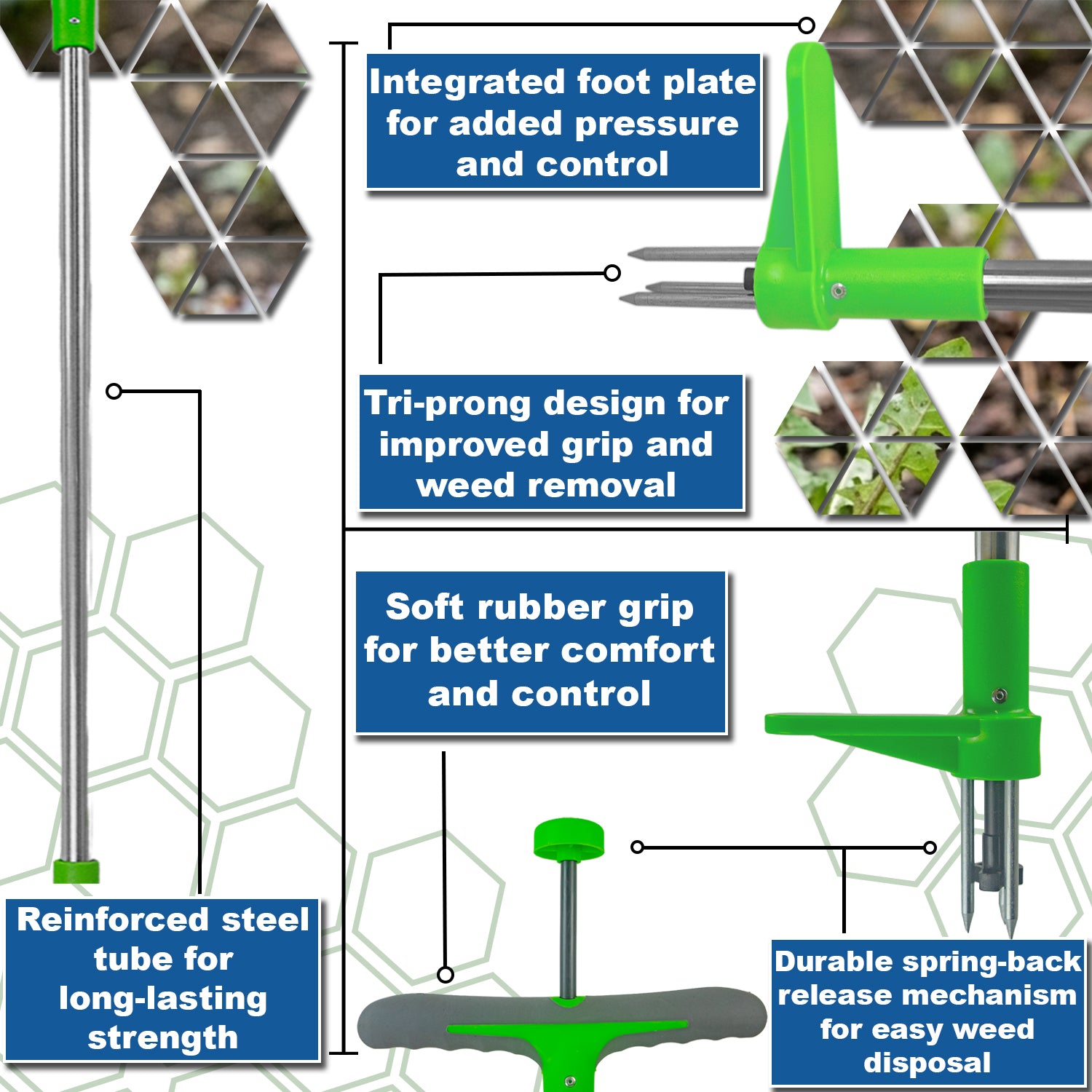 Woodside Stand Up Weed Puller – Long Handle Stainless Steel 3 Prong Garden Weed Removal Tool 100cm