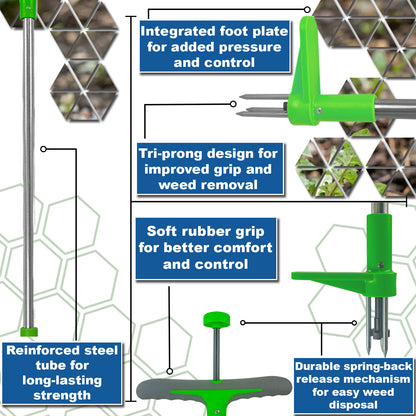 Woodside Stand Up Weed Puller – Long Handle Stainless Steel 3 Prong Garden Weed Removal Tool 100cm