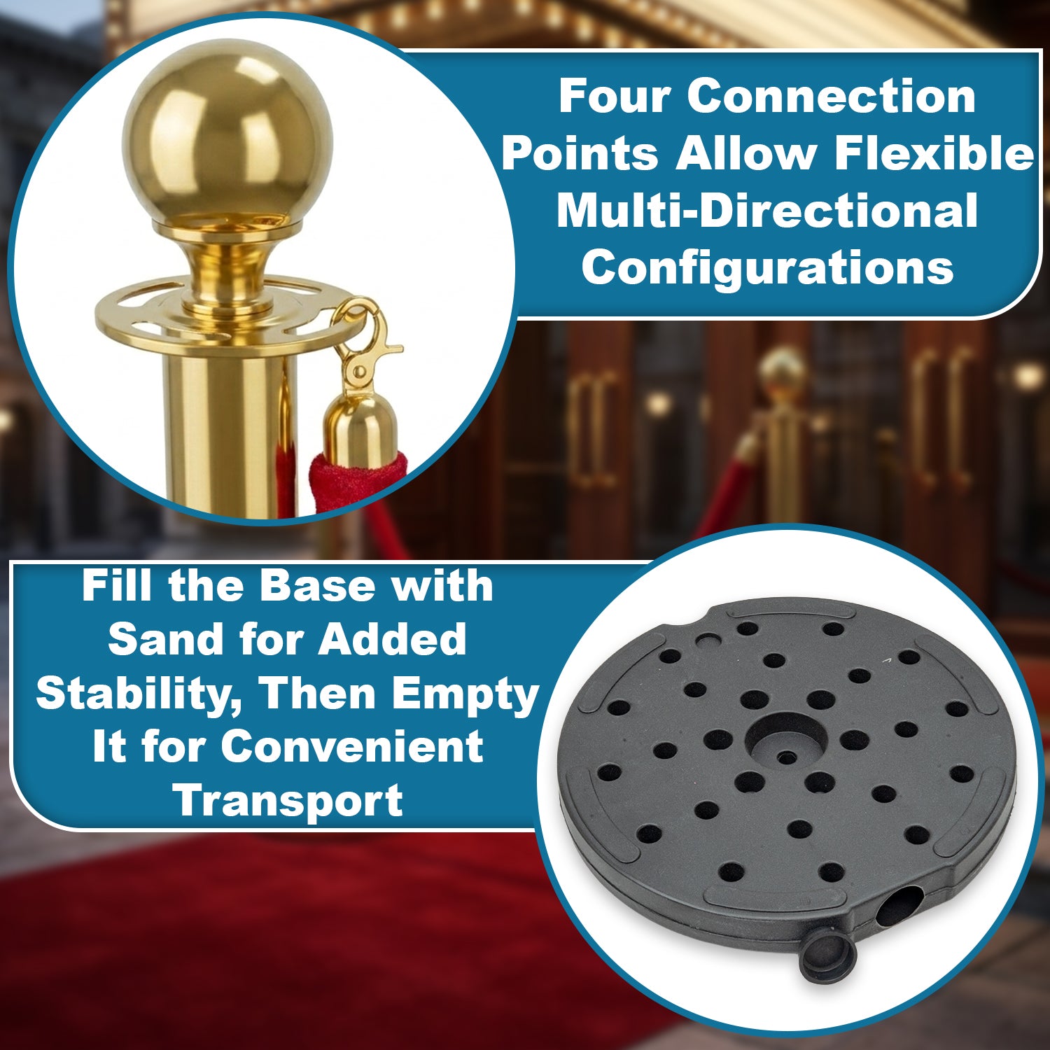 Hausen Gold Crowd Control Barrier System 8 Pack – Queue Management Posts with 6 Ropes - 9m Total Length