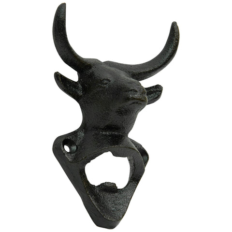 Woodside Wall Mounted Cast Iron Bull Head Beer Bottle Opener, Rustic/Antique