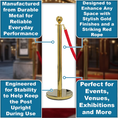 Hausen Gold Crowd Control Barrier System 4 Pack – Queue Management Posts with 3 Ropes - 4.5m Total Length