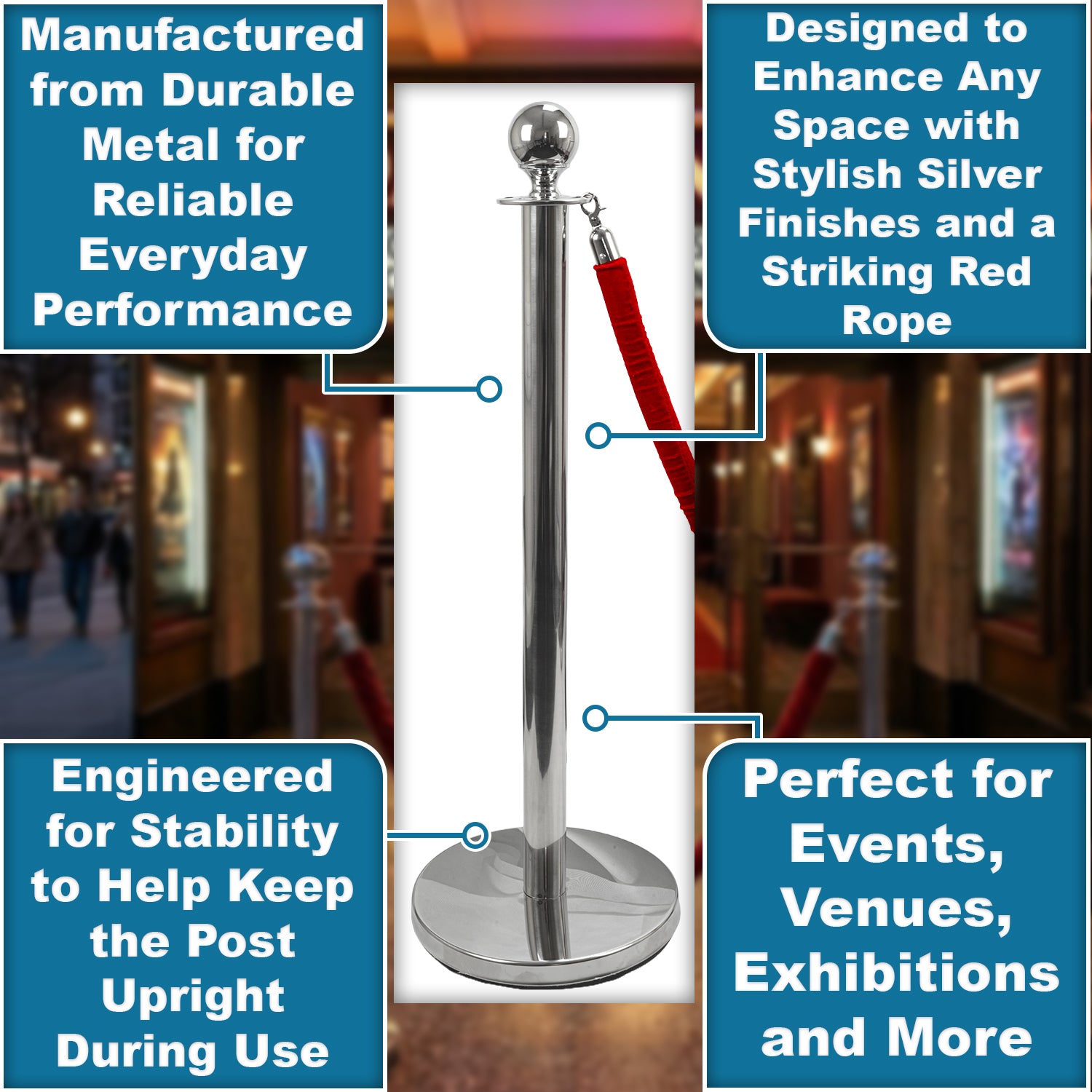 Hausen Silver Crowd Control Barrier System 8 Pack – Queue Management Posts with 6 Ropes - 9m Total Length