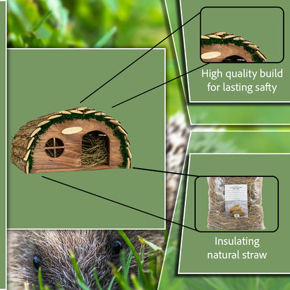 Woodside Hedgehog House & Nesting Material Kit – Wooden Garden Hedgehog Home with Natural Straw Bedding