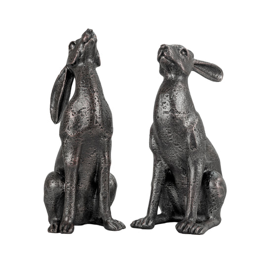 Woodside Large Pair of Moon Gazing Hares Garden Ornament Bronze Effect Resin Decorative Sculpture 38cm